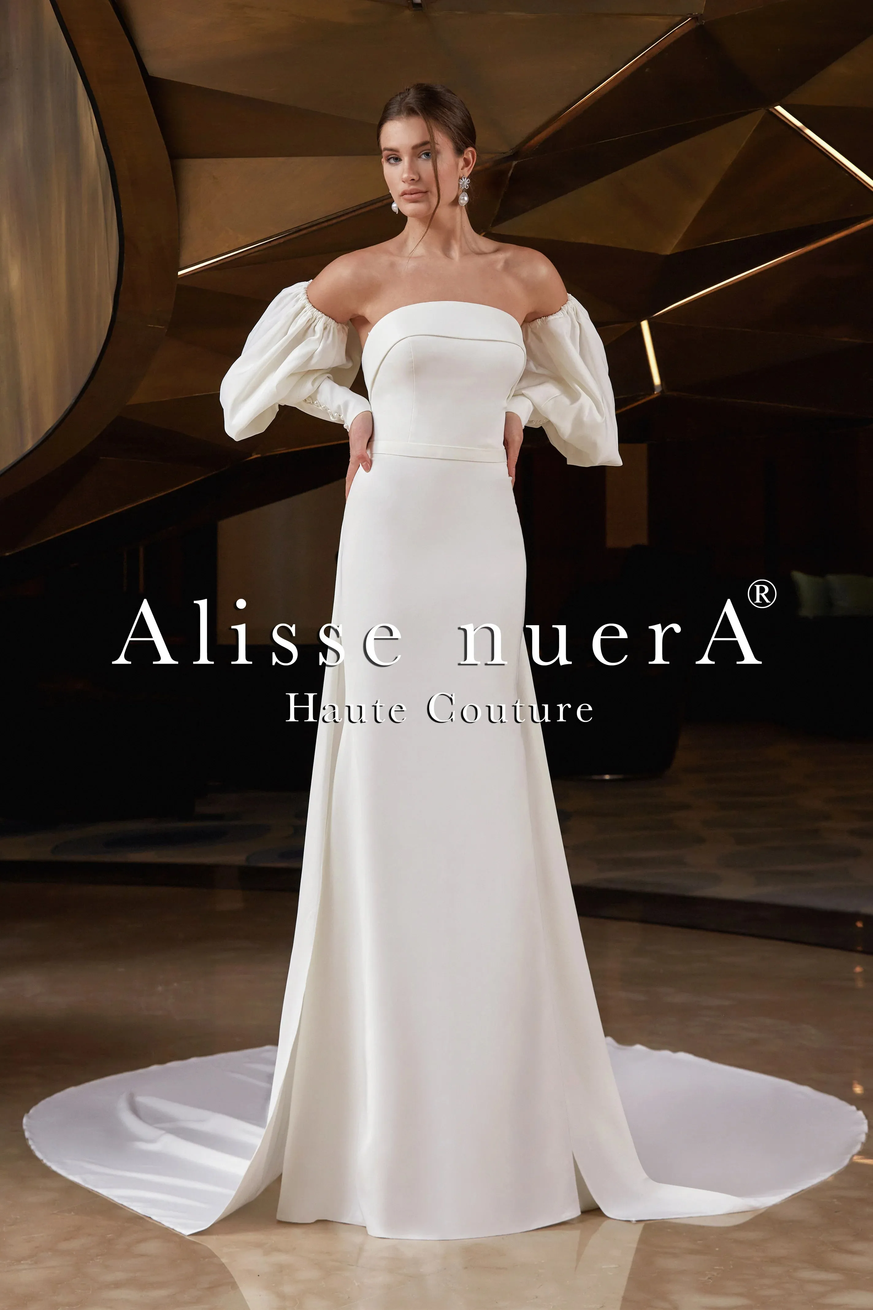 Satin Watteau Wedding Dress with Removable Bishop Sleeve