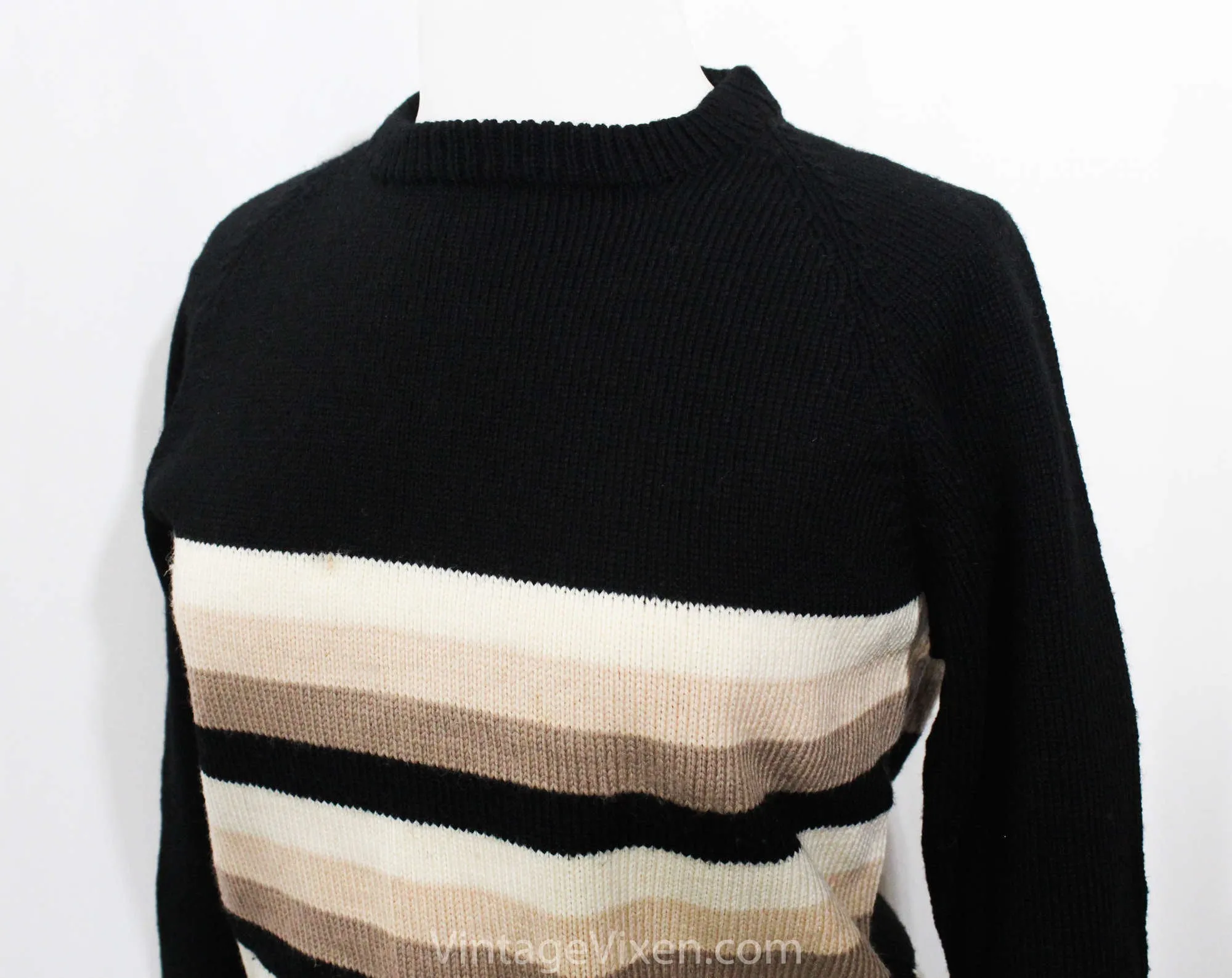 Size 8 Wool Sweater - 1940s Inspired Black & Beige Pullover - Medium Long Sleeve Knit Top - Fall Autumn 80s Does 40s Retro Sweater - Bust 39