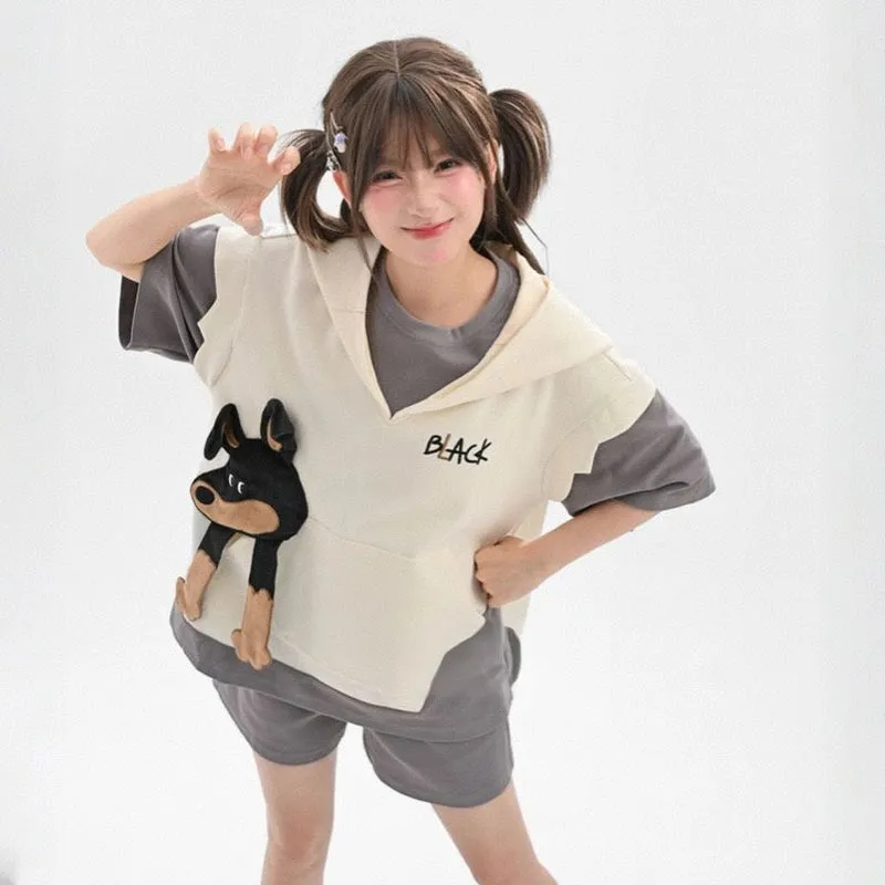 Summer Cartoon Doberman 3D Embroidery Decorative T-shirt