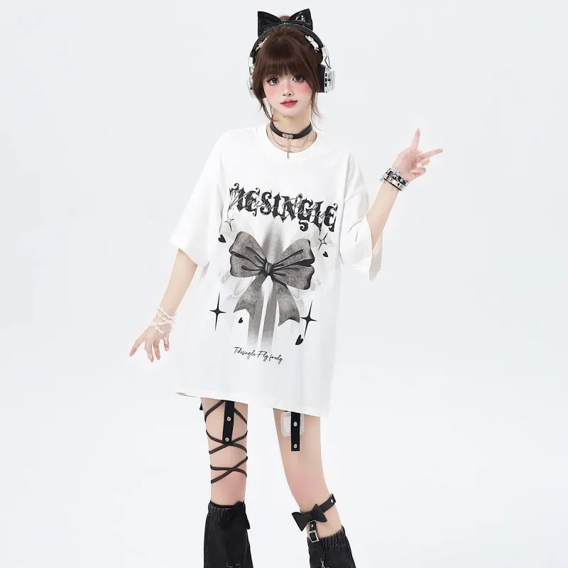 Summer Sweet Cool Style Bow Print Loose T-shirt