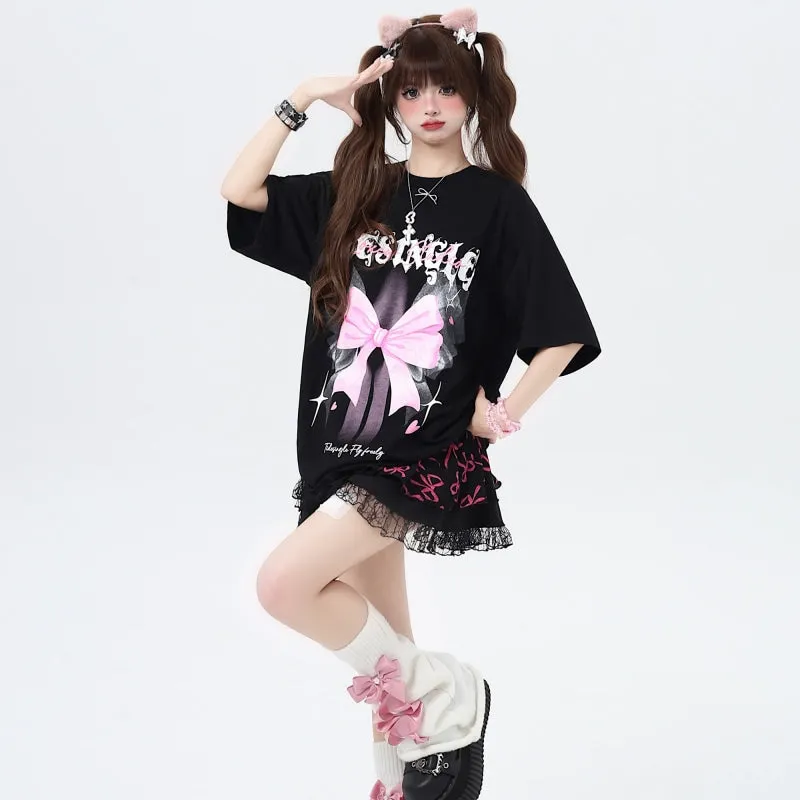 Summer Sweet Cool Style Bow Print Loose T-shirt