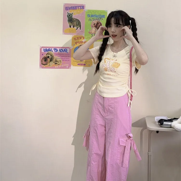 Summer Sweet Girl Style Apricot Cartoon Cheese Print T-shirt