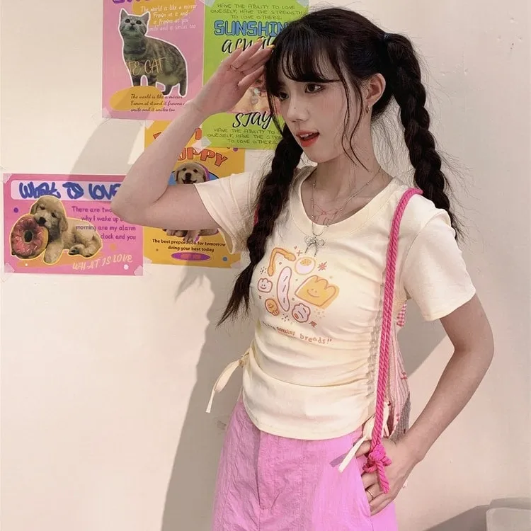 Summer Sweet Girl Style Apricot Cartoon Cheese Print T-shirt