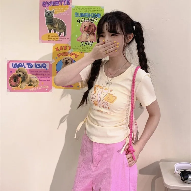 Summer Sweet Girl Style Apricot Cartoon Cheese Print T-shirt