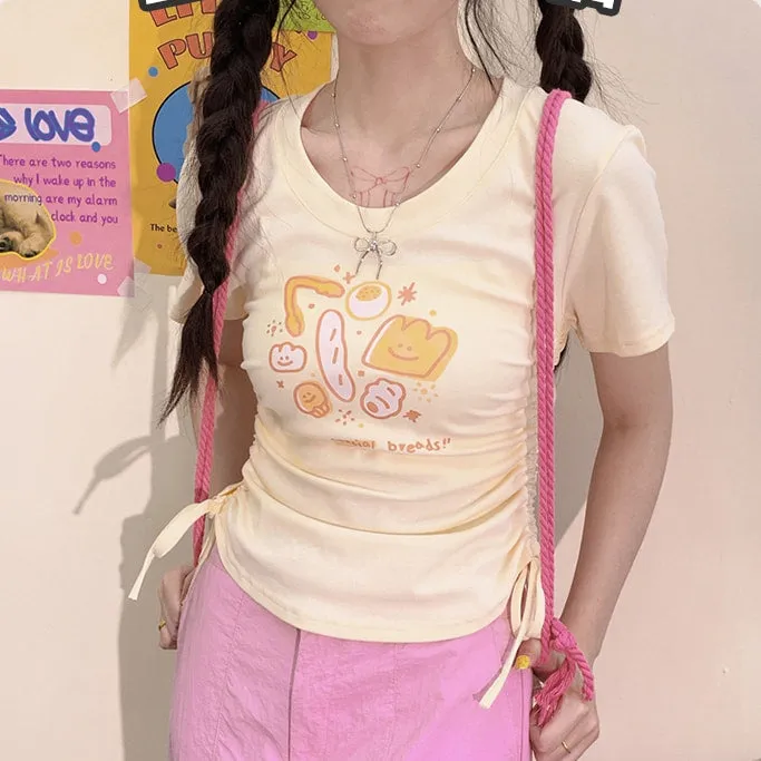 Summer Sweet Girl Style Apricot Cartoon Cheese Print T-shirt
