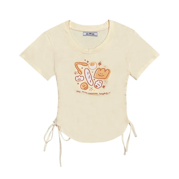 Summer Sweet Girl Style Apricot Cartoon Cheese Print T-shirt