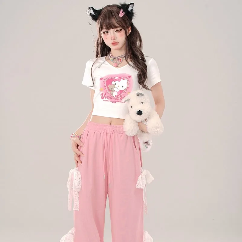 Summer Sweet Girl Style Cartoon Hello Kitty Printed T-shirt