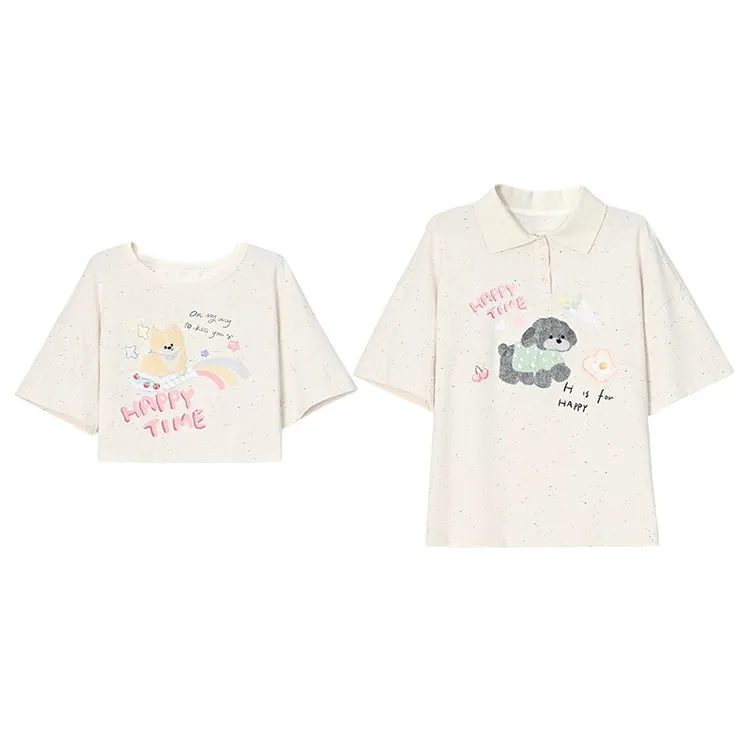 Summer Sweet Girl Style Cartoon Puppy Print Polo Shirt T-shirt