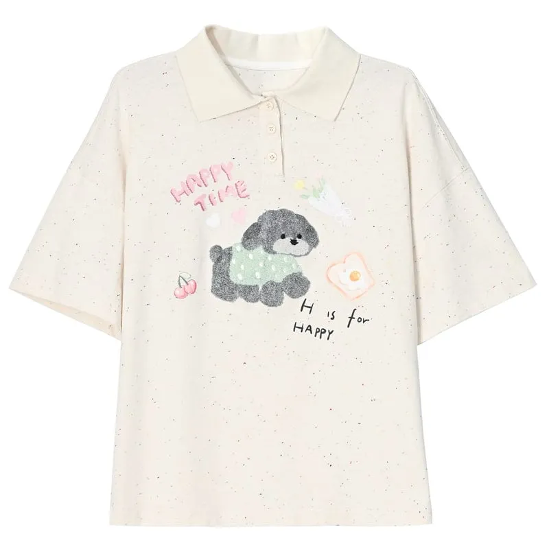 Summer Sweet Girl Style Cartoon Puppy Print Polo Shirt T-shirt