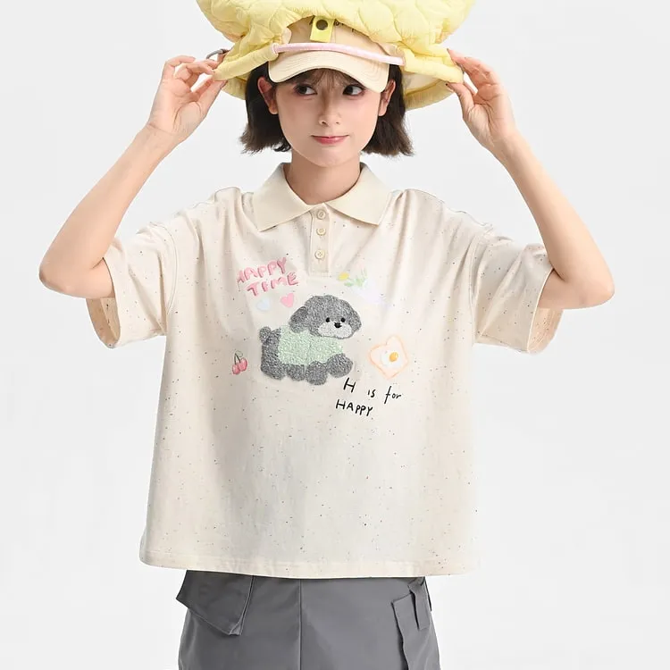 Summer Sweet Girl Style Cartoon Puppy Print Polo Shirt T-shirt