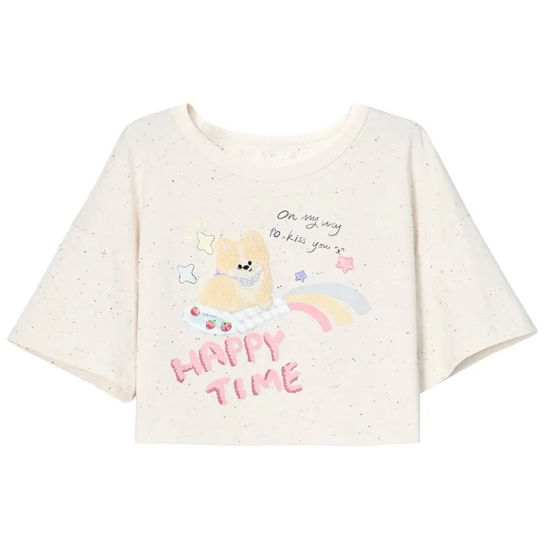 Summer Sweet Girl Style Cartoon Puppy Print Polo Shirt T-shirt