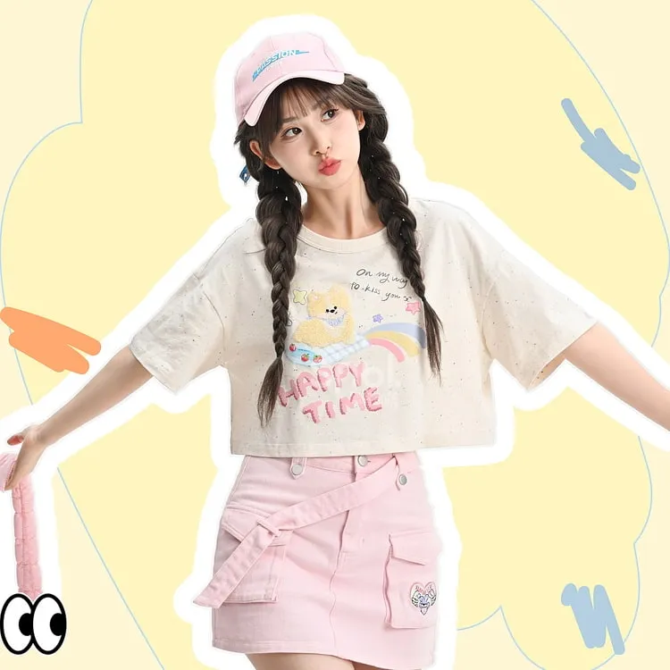 Summer Sweet Girl Style Cartoon Puppy Print Polo Shirt T-shirt