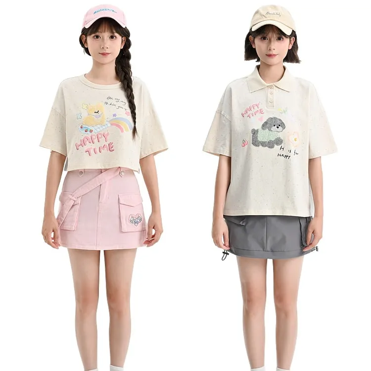 Summer Sweet Girl Style Cartoon Puppy Print Polo Shirt T-shirt