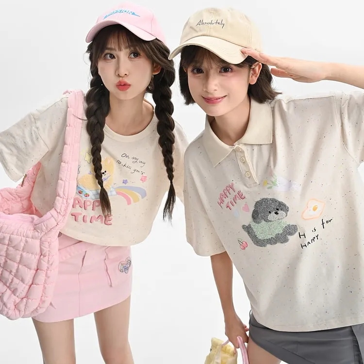 Summer Sweet Girl Style Cartoon Puppy Print Polo Shirt T-shirt