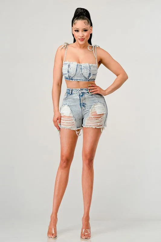 Tied Up Light Wash Denim Short Set