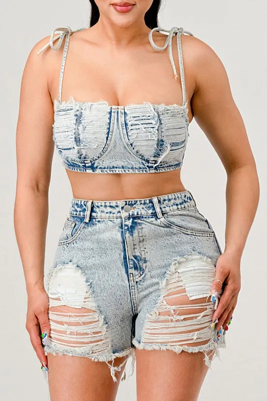 Tied Up Light Wash Denim Short Set