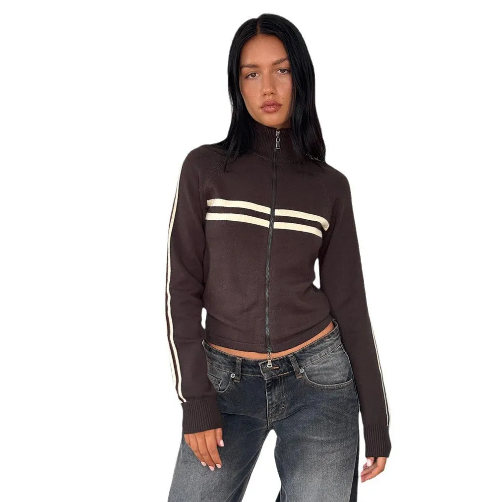 Toleet y2k Simple Striped Contrast Color Knitted Cardigan Shoulder Women's Spring and Autumn