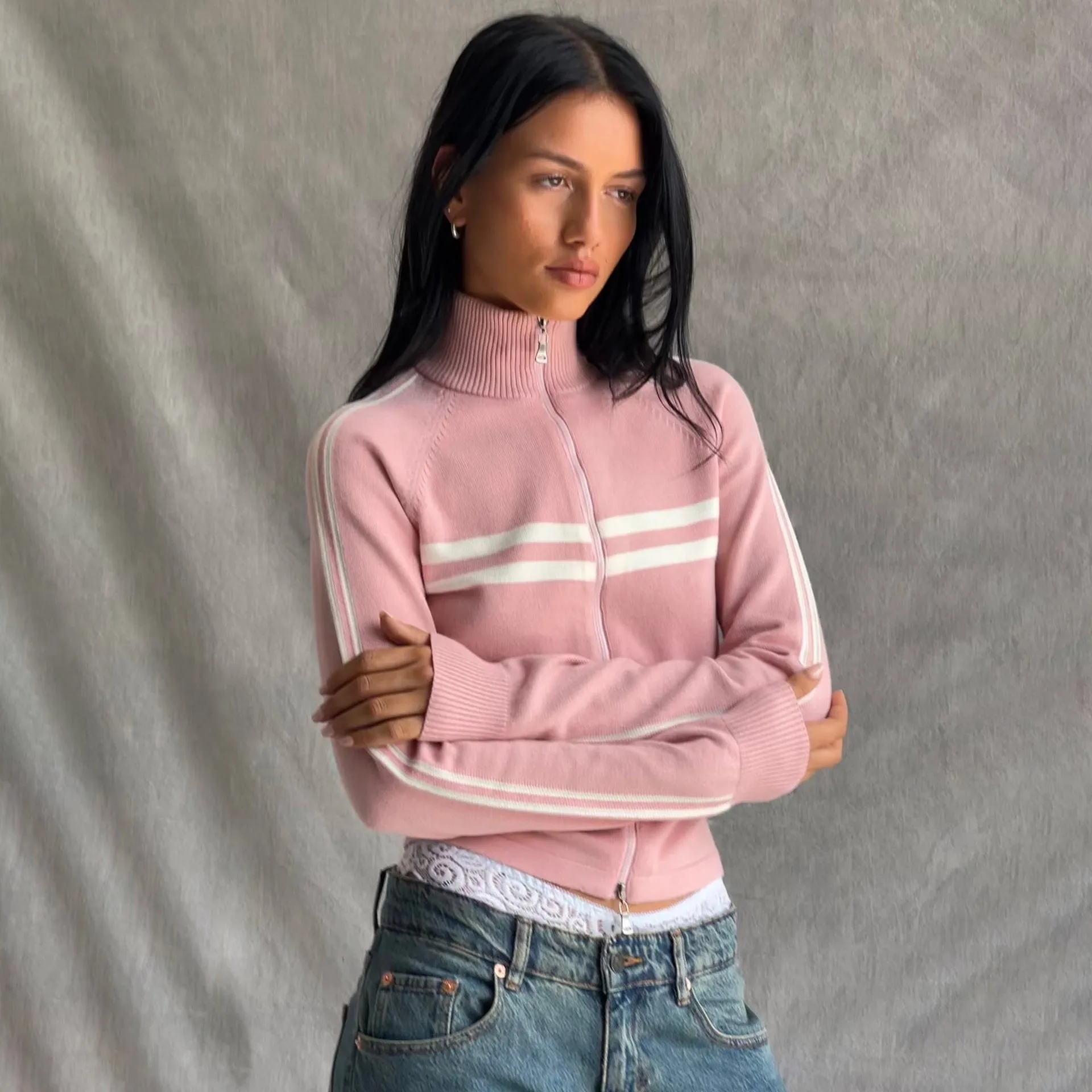 Toleet y2k Simple Striped Contrast Color Knitted Cardigan Shoulder Women's Spring and Autumn