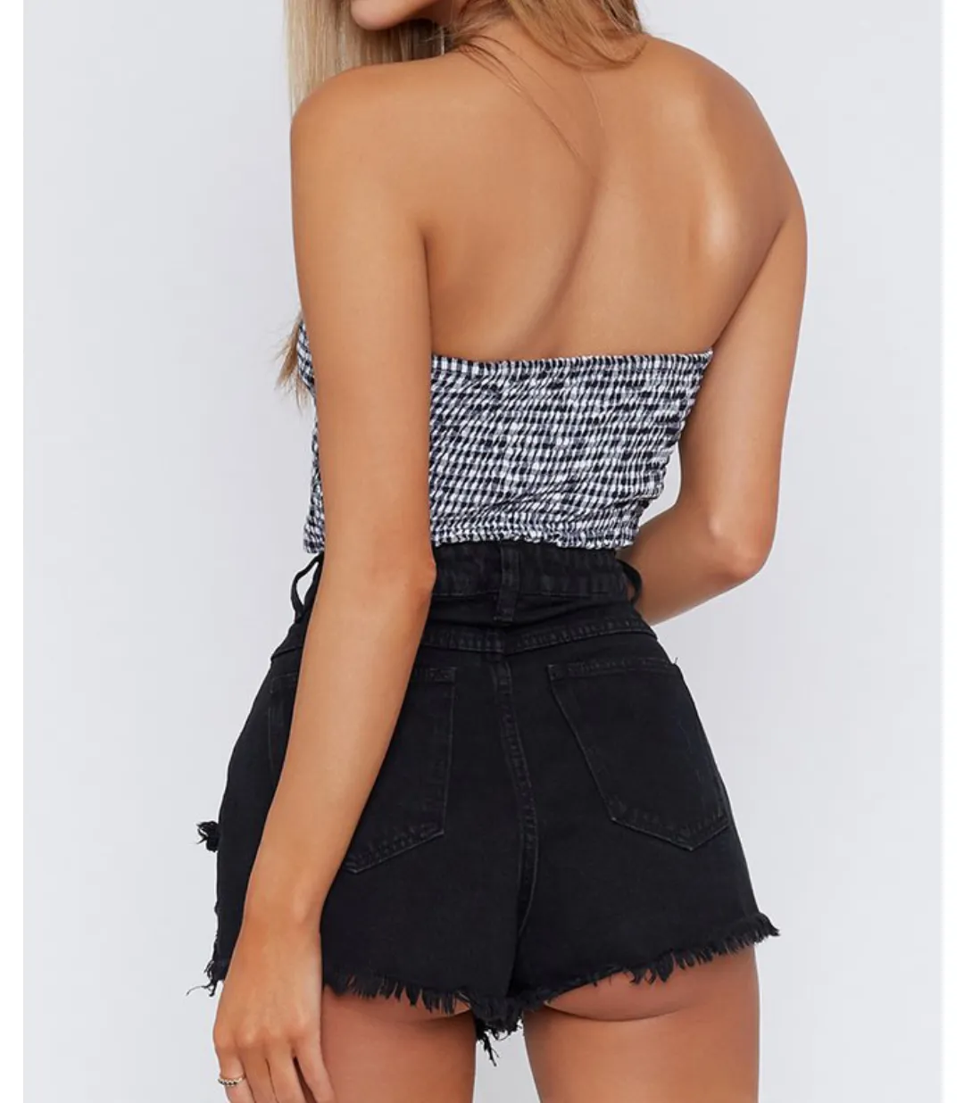 Women Clothing High Waist Irregular Asymmetric Worn Tassel Pure Black Denim Shorts Street Punk Women Clothing