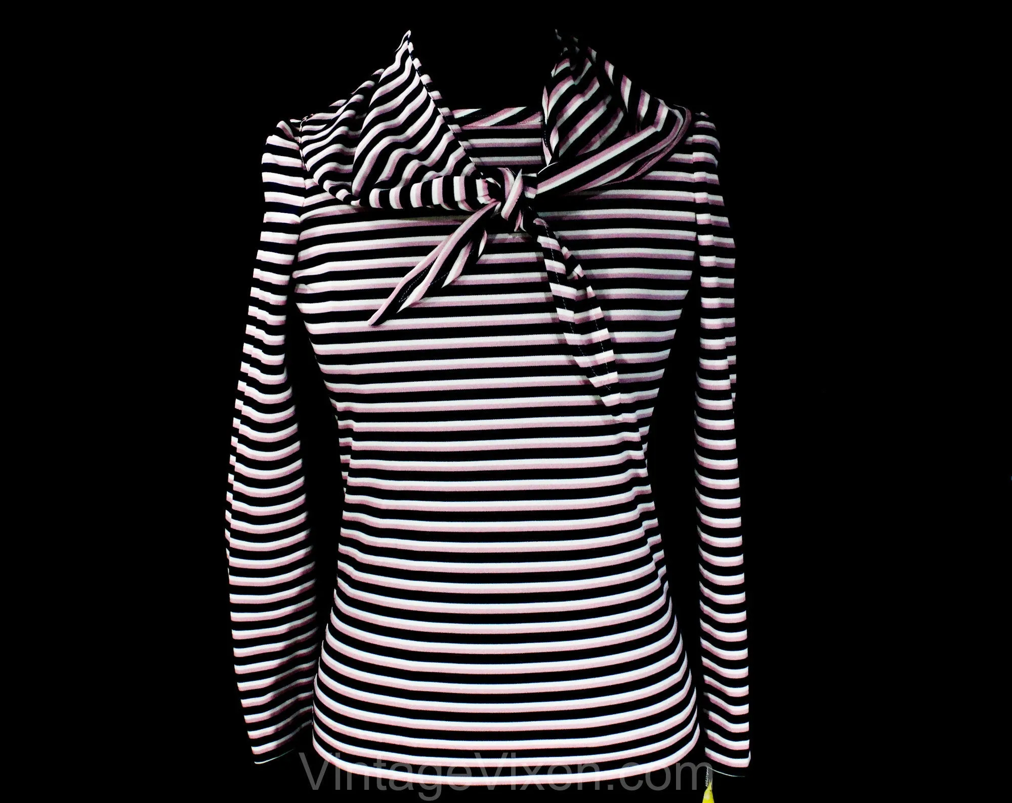 XS Small Striped Top - Retro 70s Long Sleeved Knit Shirt & Kerchief - Euro Gondolier Style Stripes - Navy Blue Rose Pink Ivory - Bust 32.5