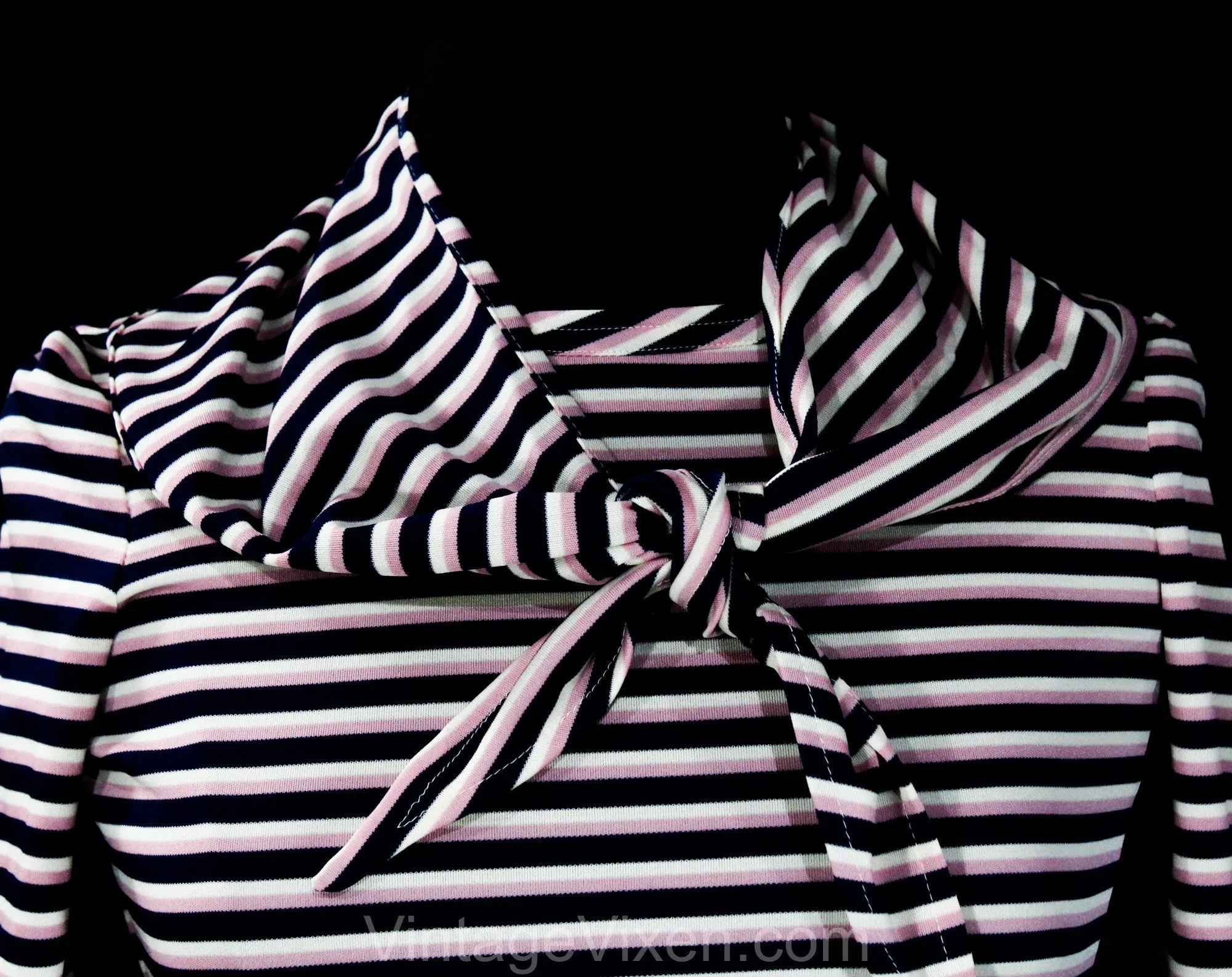 XS Small Striped Top - Retro 70s Long Sleeved Knit Shirt & Kerchief - Euro Gondolier Style Stripes - Navy Blue Rose Pink Ivory - Bust 32.5