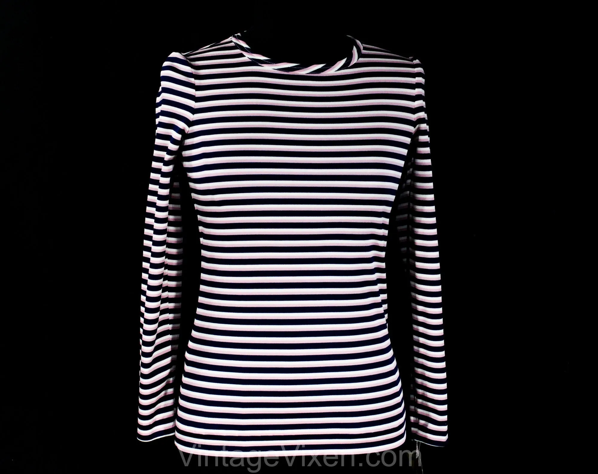 XS Small Striped Top - Retro 70s Long Sleeved Knit Shirt & Kerchief - Euro Gondolier Style Stripes - Navy Blue Rose Pink Ivory - Bust 32.5