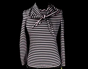 XS Small Striped Top - Retro 70s Long Sleeved Knit Shirt & Kerchief - Euro Gondolier Style Stripes - Navy Blue Rose Pink Ivory - Bust 32.5