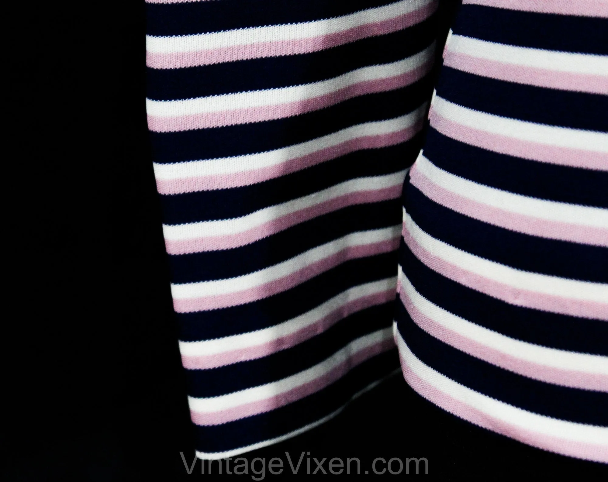 XS Small Striped Top - Retro 70s Long Sleeved Knit Shirt & Kerchief - Euro Gondolier Style Stripes - Navy Blue Rose Pink Ivory - Bust 32.5