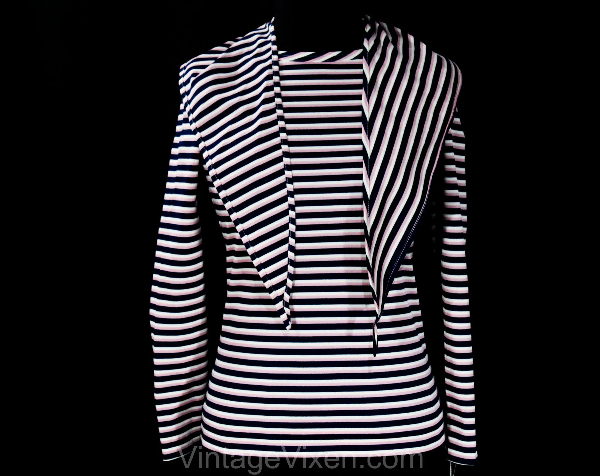 XS Small Striped Top - Retro 70s Long Sleeved Knit Shirt & Kerchief - Euro Gondolier Style Stripes - Navy Blue Rose Pink Ivory - Bust 32.5