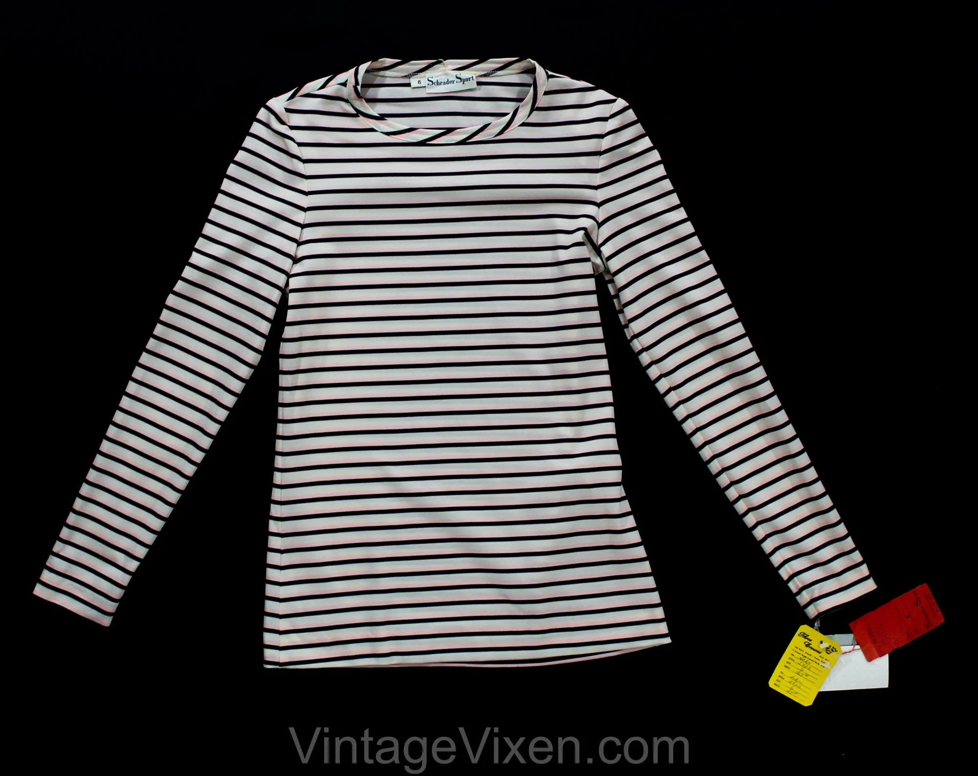 XXS Small Striped Top - Retro 70s Long Sleeved Knit Shirt & Kerchief - Euro Gondolier Style Stripes - Black Rose Pink Ivory - Bust 31
