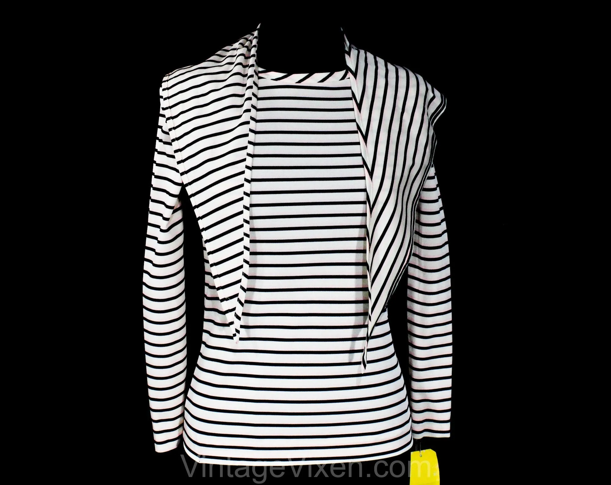 XXS Small Striped Top - Retro 70s Long Sleeved Knit Shirt & Kerchief - Euro Gondolier Style Stripes - Black Rose Pink Ivory - Bust 31