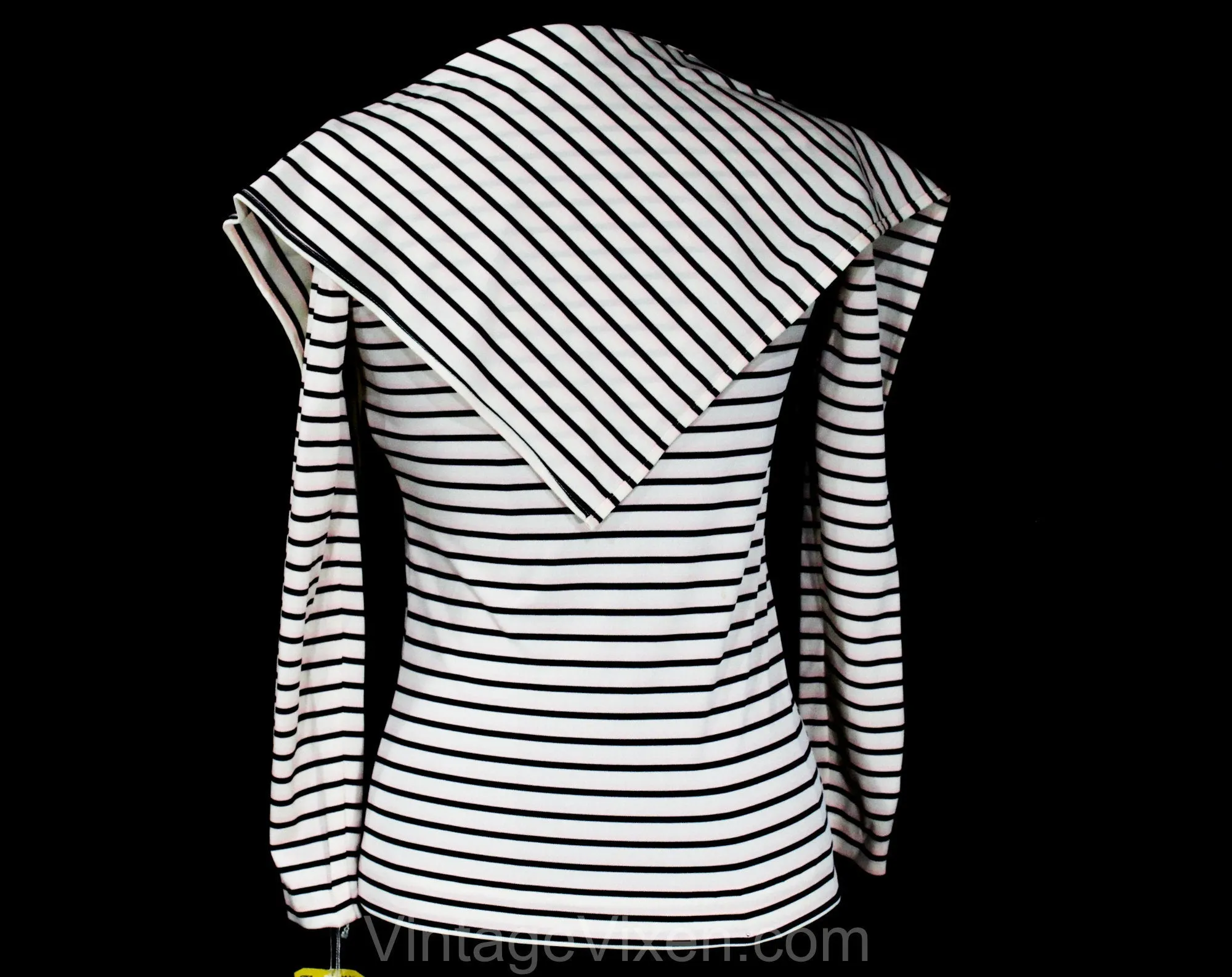 XXS Small Striped Top - Retro 70s Long Sleeved Knit Shirt & Kerchief - Euro Gondolier Style Stripes - Black Rose Pink Ivory - Bust 31